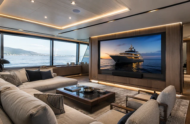 Luxury yacht saloon with TV and ambient lighting