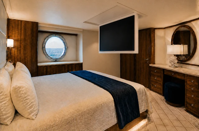 Yacht cabin with a TV on a folding ceiling lift
