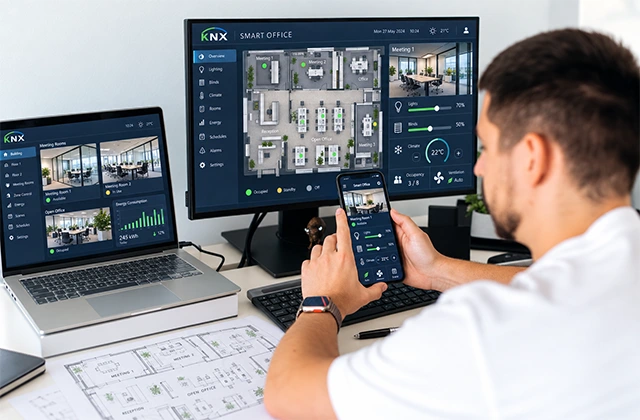 Tehničar provjerava KNX sustav na daljinu putem laptopa i nadzornih ekrana