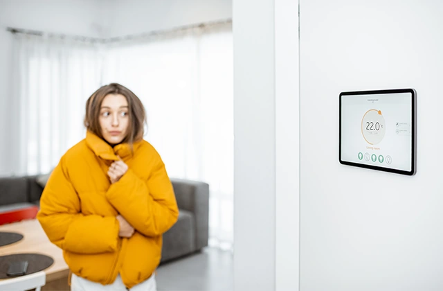 Žena se grije na kauču pokraj zidnog termostata – KNX regulacija temperature